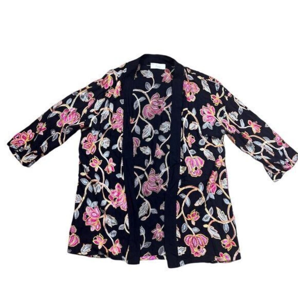 Braeve Women Black‎ Floral Embroidered Open Front Kimono Cardigan M/L Rayon Boho